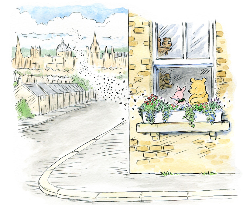 Winnie-the-Pooh and Piglet plant a flowering window box, in Oxford.