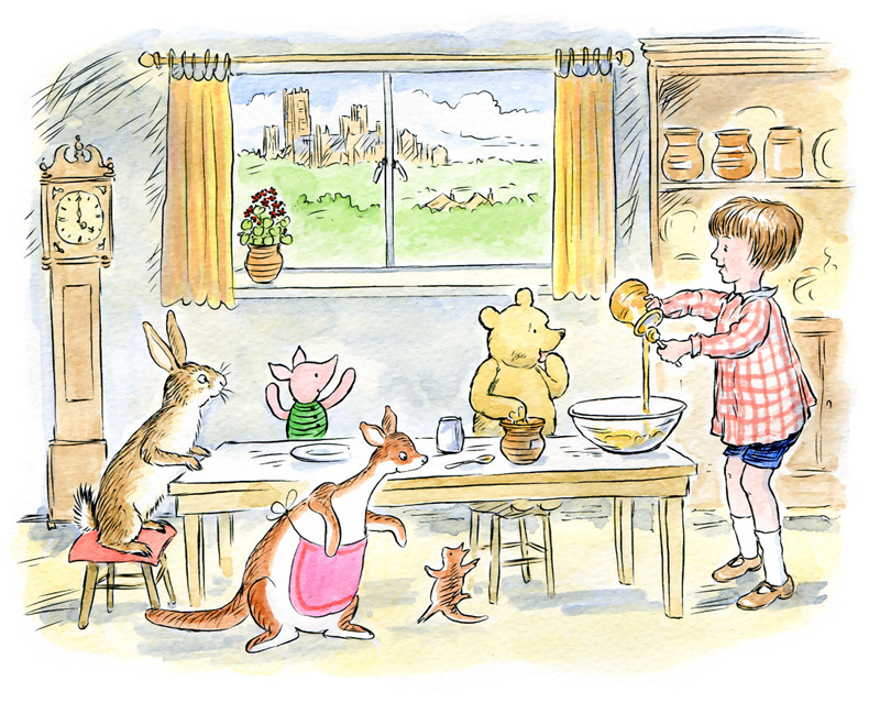 Christopher Robin, Winnie-the-Pooh and friends help support the beekeepers by baking using their local honey, in Cambridge